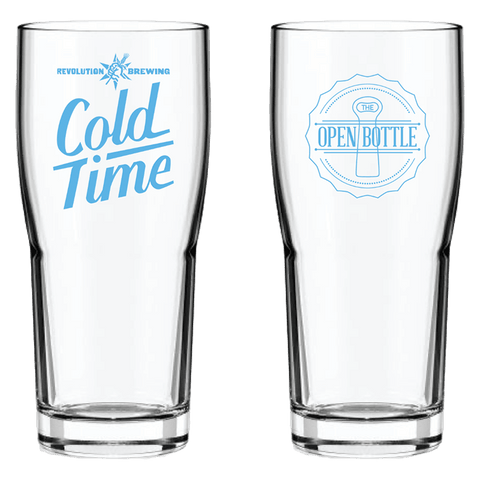 Revolution + The Open Bottle 16oz Cold Time Brewhouse Glass